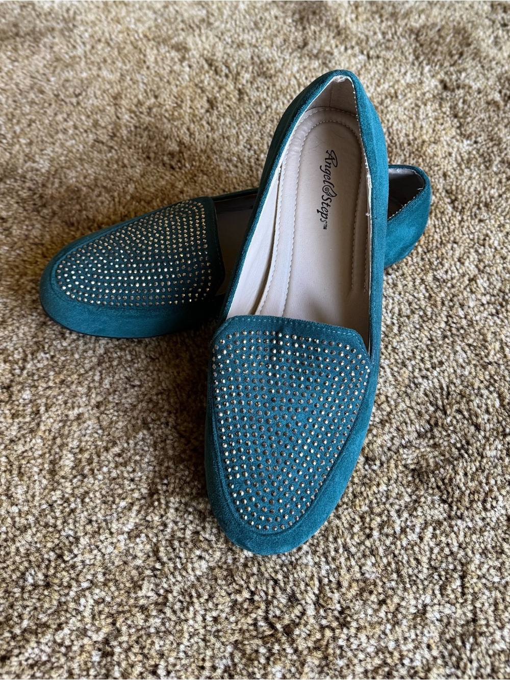 Teal suede Angel Steps loafers with rhinestone detailing; perfect condition